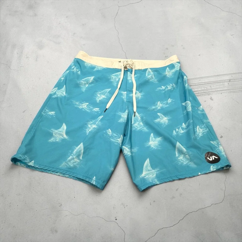 RVCA Board Shorts Mens 34 Turquoise Blue Shark Fin Print Stretch Surf Swim Trunk